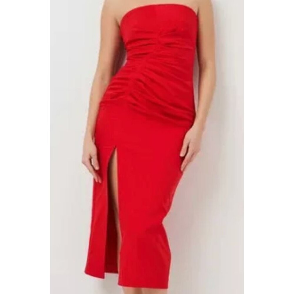 Zara Womens Midi Ruched Dress Red Strapless Slit Size Large